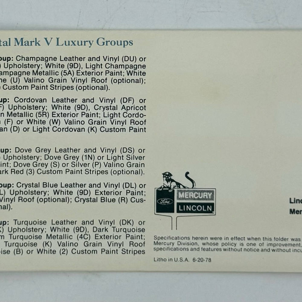 1979 Lincoln‎ Continental Full Line Sales Brochure Includes Paint Selection New - Picture 5 of 7